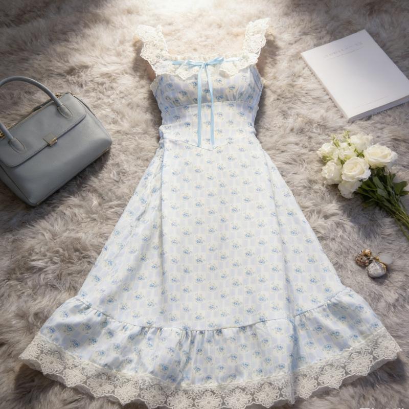 Spring Sweet and Thin Flying Sleeves Long Dress Trendy Waist Floral Dress Women's Coffee Break French Square Collar New