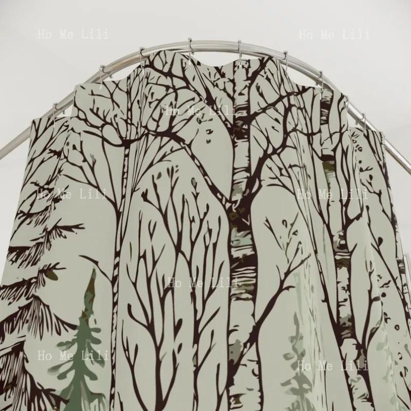 Scandinavian Forest Cloth Shower Curtains Featuring Sketched Birch Pine Trees Twigs And Foliage With A Tranquil Natural Nordic