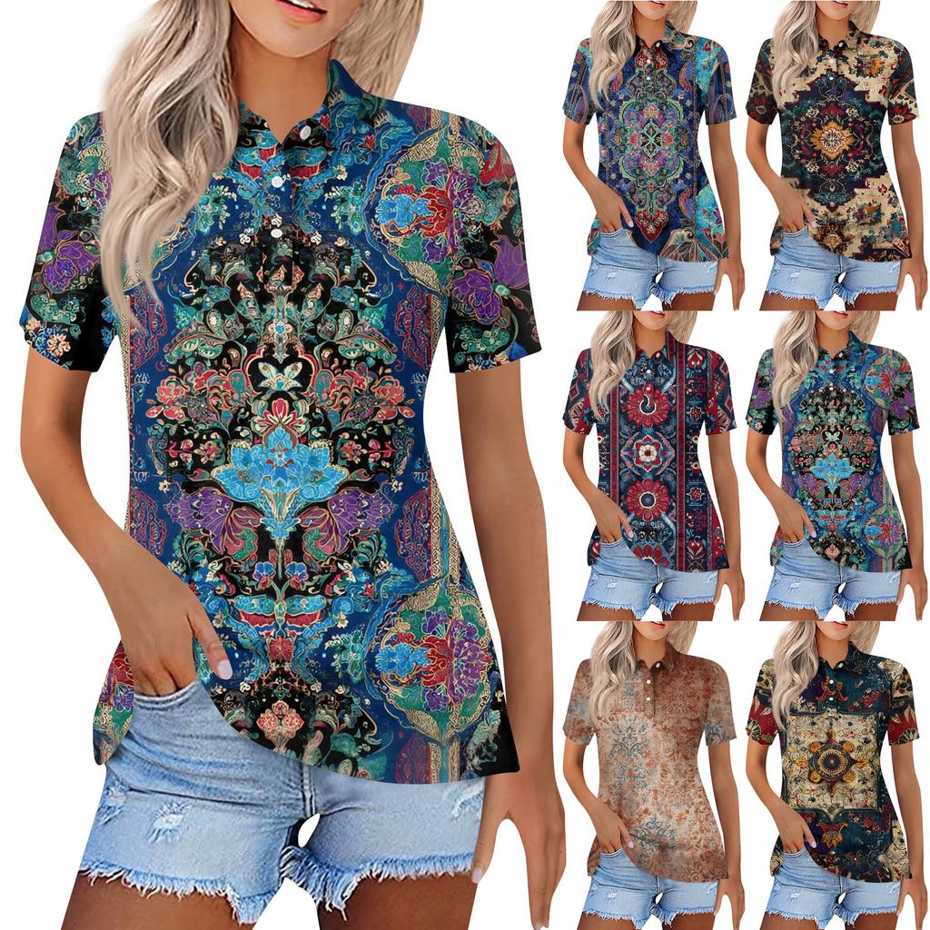 Dámská móda Neformální košile s potiskem s klopou a krátkým rukávem Dámské topy se zapínáním na knoflíky