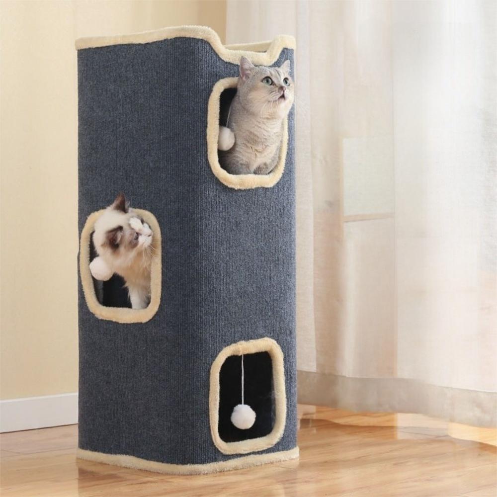 Creative 2/3-tiers Indoor Cat Castle House All-in-one with Holes Cat Bed Cylindrical with Hanging Fluffy Ball Large Cat Cave