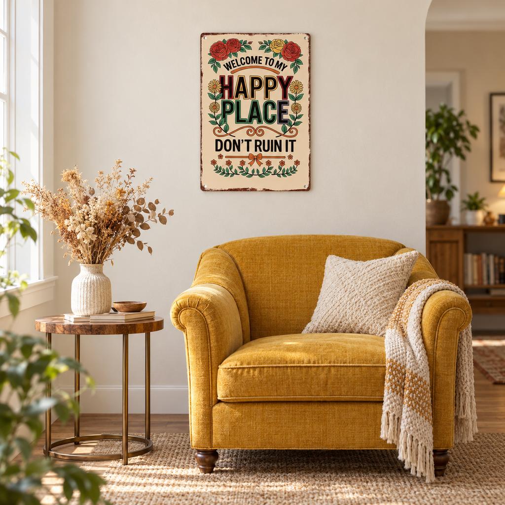 Metal Decorative Sign WELCOME TO MY HAPPY PLACE Vintage Floral Style
