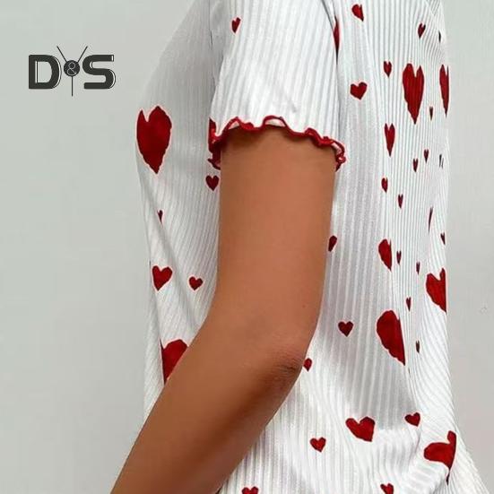 Lady Nightdress Contrast Color Heart Printing Shirring Edge Bow Decor Slit Hem Loose Short Sleeves Bedroom Dress Summer Sleepwear