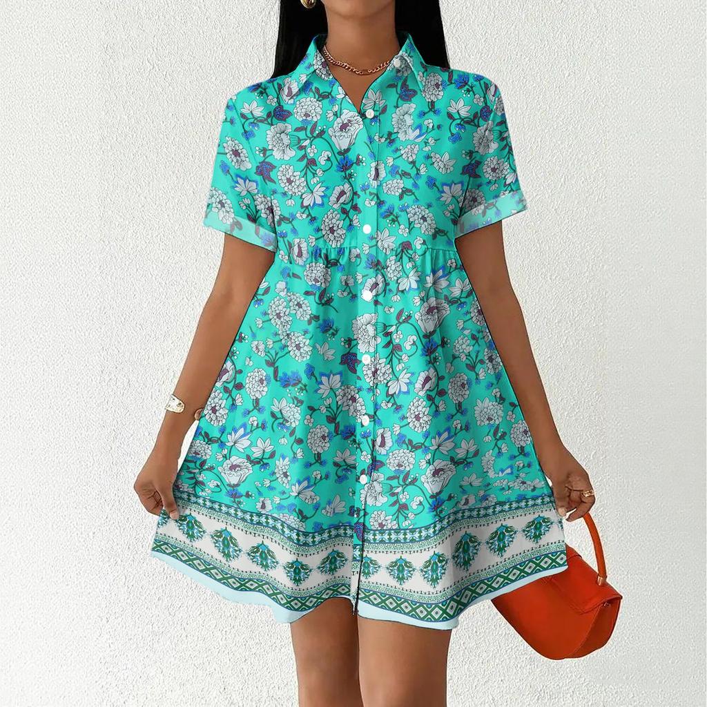Women's Casual Loose Fit Shirt Dress Button Front Short Sleeve Collar Dress with Floral Print and Border Pattern Suitable for Daily Wear