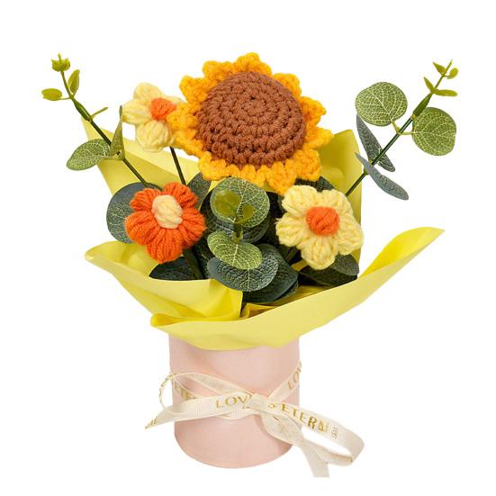 Crochet Flower Bouquet Handmade Artificial Knitted Bouquet Fake Sunflower Carnation Tulip Puff Flowers Gifts for Mother Wife On Birthday Anniversary