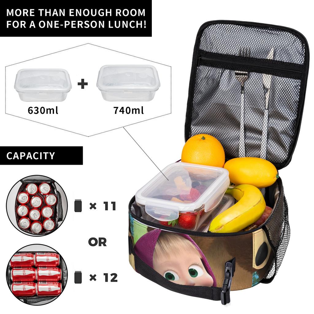 Cute M-Masha and Bear Insulated Lunch Bags High Capacity Meal Container Thermal Bag Tote Lunch Box College Outdoor Men Women