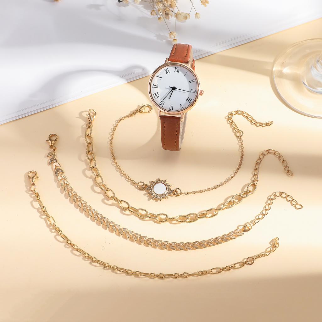 5pcs/set new simple versatile women's leather belt quartz watch bracelet five-piece set suitable for birthday gifts