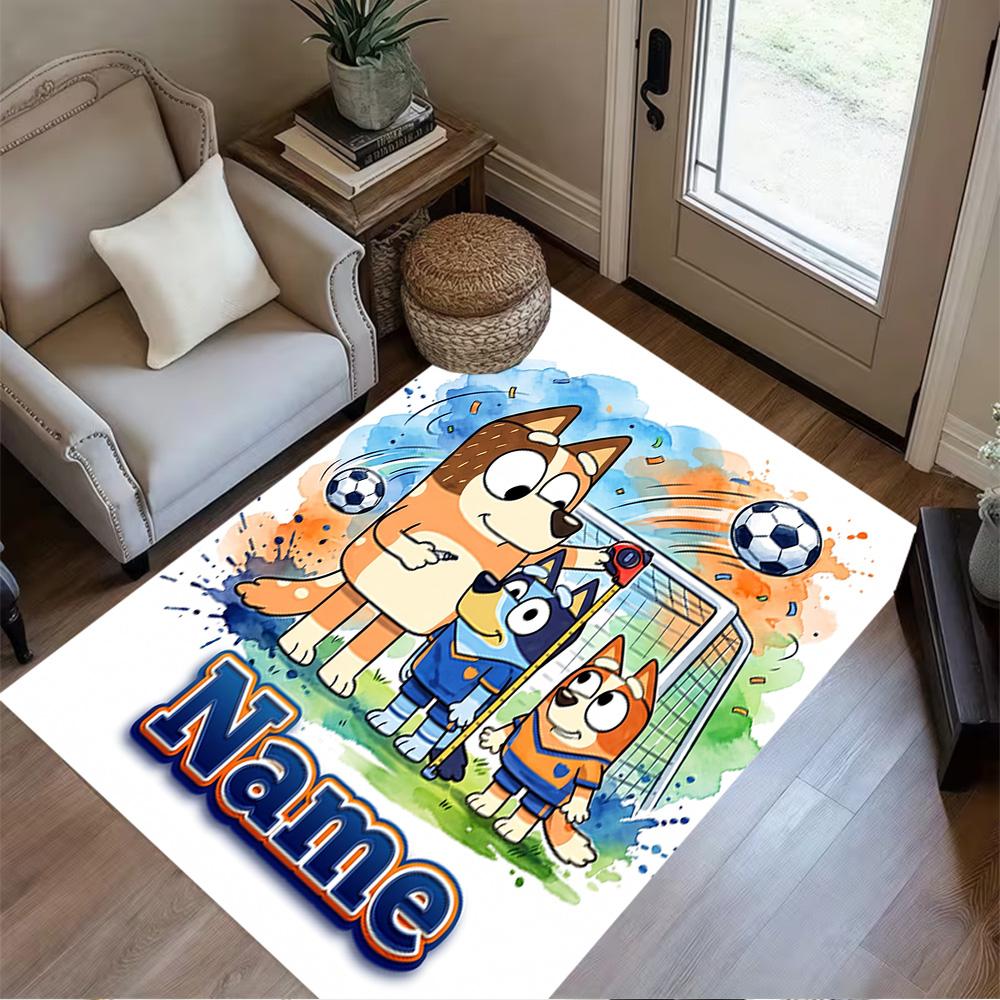 Bluey's Soccer Fun Customizable Name Carpet Design for Outdoor Balcony Hallway Decorate room Anti-slip Rug Anime Office Decor