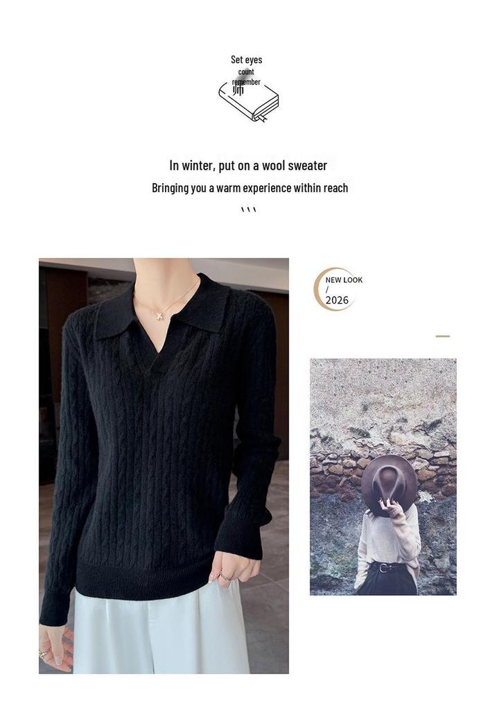 Women's Slim Fit French Polo Collar Long Sleeve Silk-Cotton Knitted Sweater.