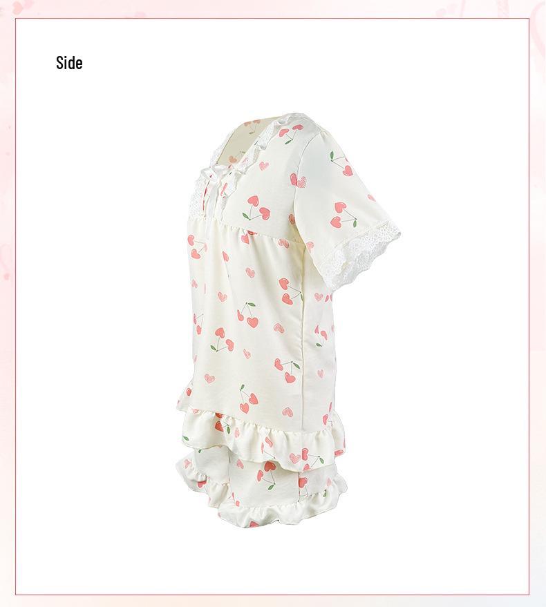 Cherry Print Lace-Trimmed Cloud Cotton Pajama Set with Ruffles