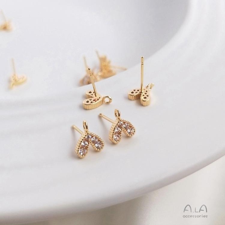 14K Gold-Filled Zircon Inlaid Peach Heart Stud Earrings with 925 Silver Post and Jump Ring