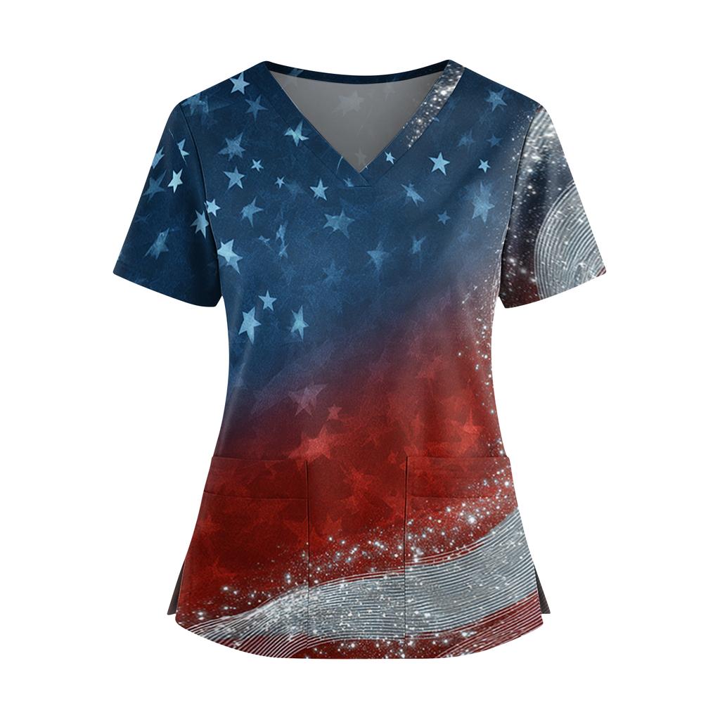 Women's Independence Day Print V-Neck Double Pocket Short Sleeve Uniform with Slit Hem - Caregiver Top
