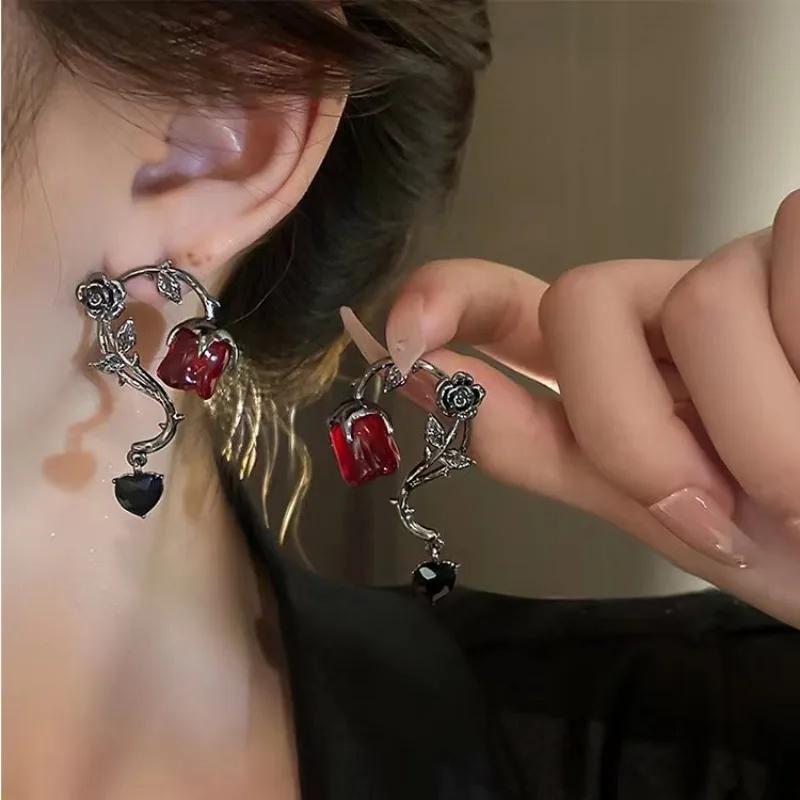 Cercei Gotici Dark Thorn Viță de Vie Trandafir Roșu Înflorat pentru Femei Fete Bijuterii Punk Modă Nouă Accesorii de Petrecere Cadouri de Ziua de Naștere