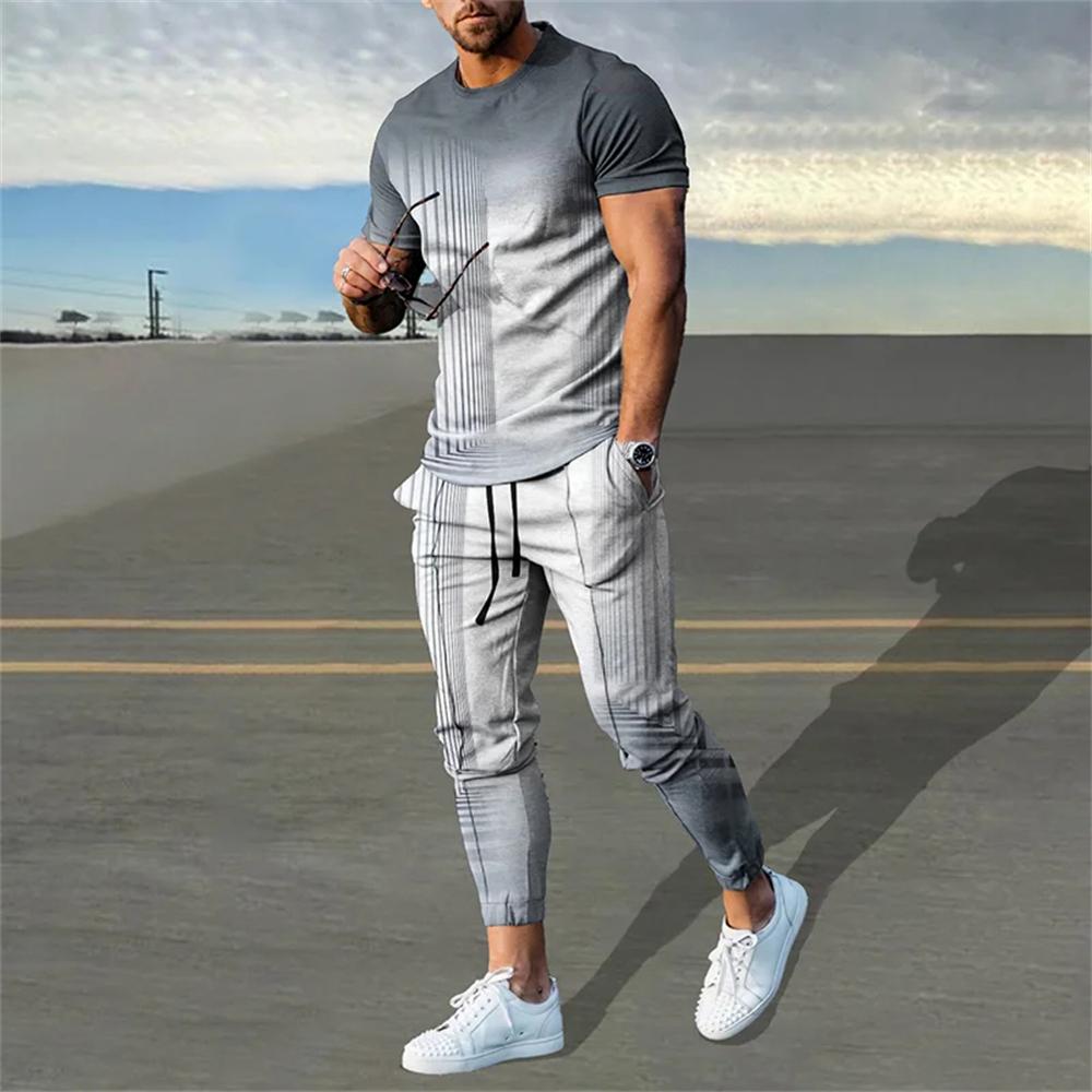 Men's Trousers Tracksuit 2 Piece Set Fashion Sportswear Summer Streetwear Short Sleeve T Shirt+Long Pants Male Clothing