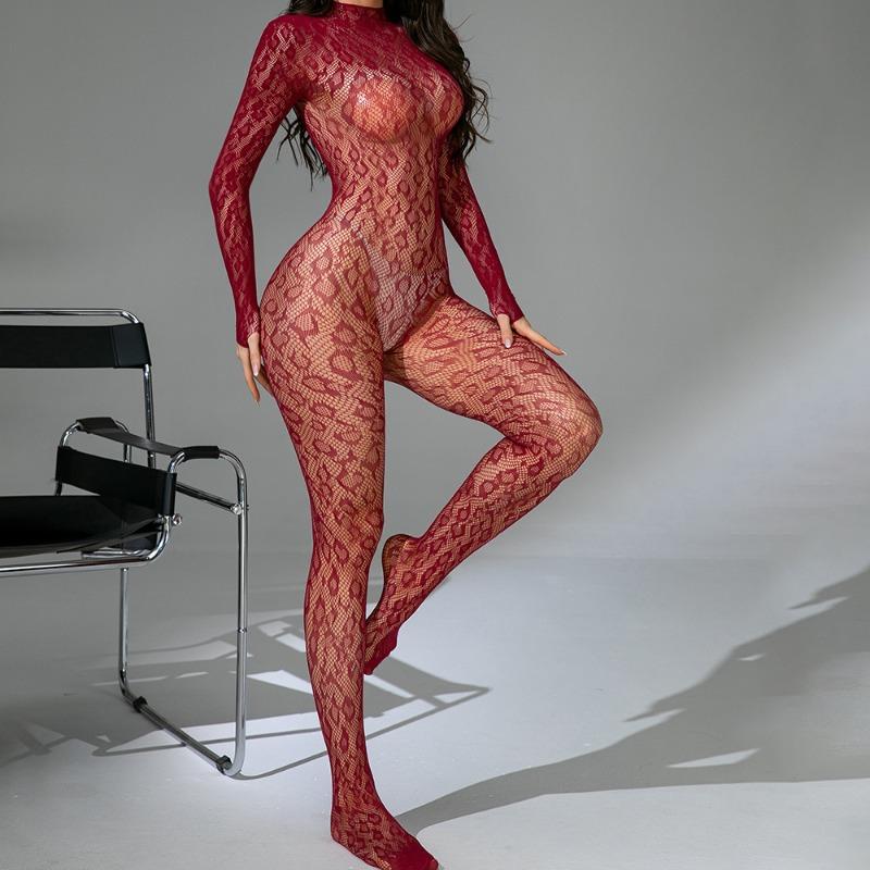 Mature European and American Women's Long Sleeved Transparent Hollow Jacquard Sexy Erotic Seductive Jumpsuit