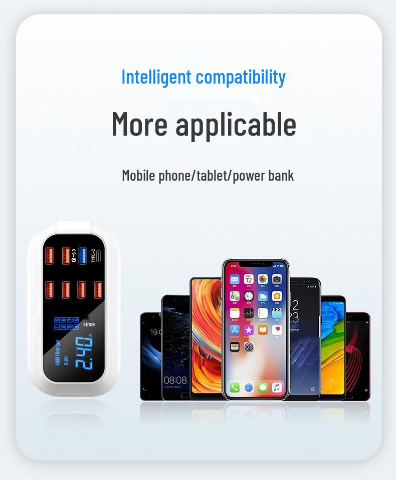 Multi-Port USB Charger with PD Fast Charging, Digital Display, 8 Ports & Multiple Interfaces