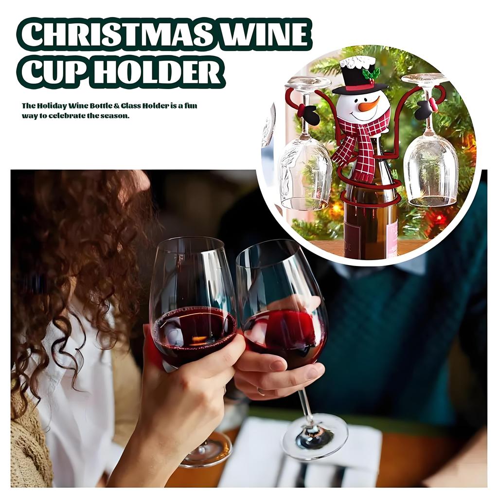 Festlig snögubbe vinflaskedekoration, metallställ för 1 flaska & 2 glas - Julfest & Hemmabarinredning