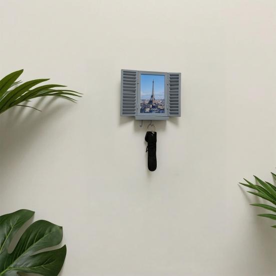 Mediterranean Window Photo Key Holder, Wall Mount Picture Frame Key Hanger, Decorative Window Key Hook Rack for Home, Office