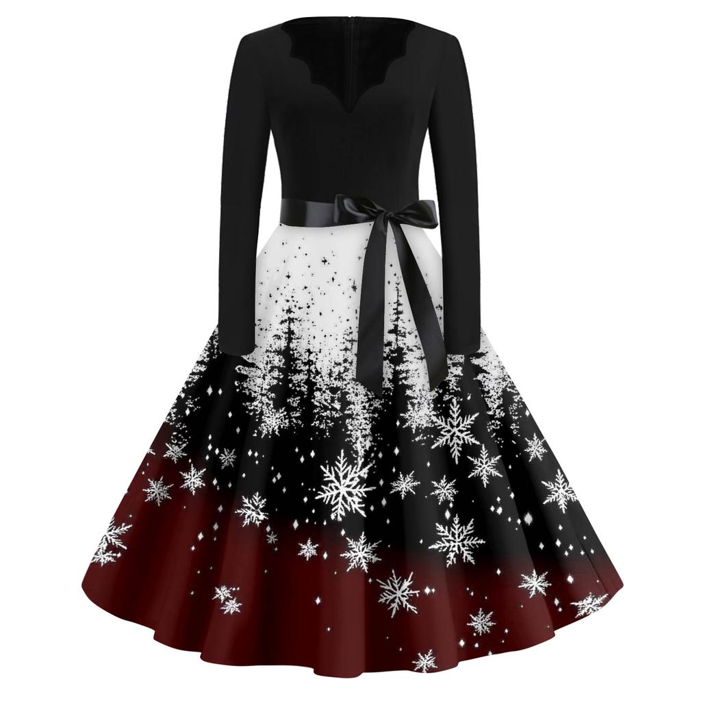 Dámské módní šaty s výstřihem do V, volného střihu, s vánočním potiskem a dlouhým rukávem