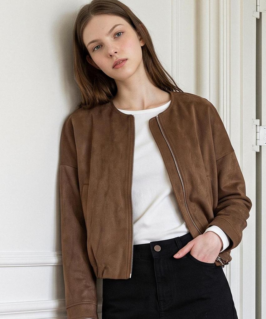 FOREVER21 Round Neck Suede Banded Zip-Up Long Sleeve Jacket (Ftdcjk001)