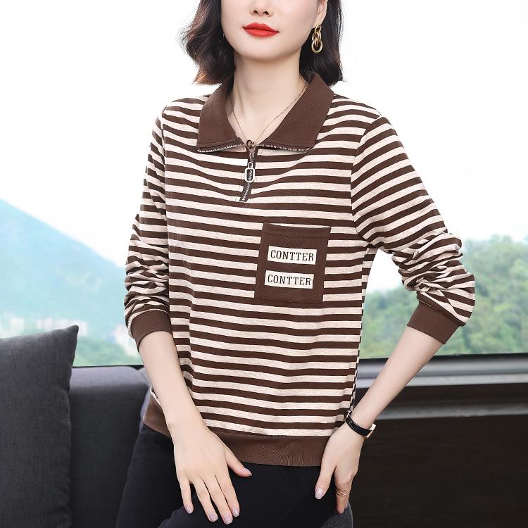

Женская весенне-осенняя инсталляция, новая футболка, модная рубашка среднего возраста с длинными рукавами и лацканами в полоску 4XL темно-коричневого