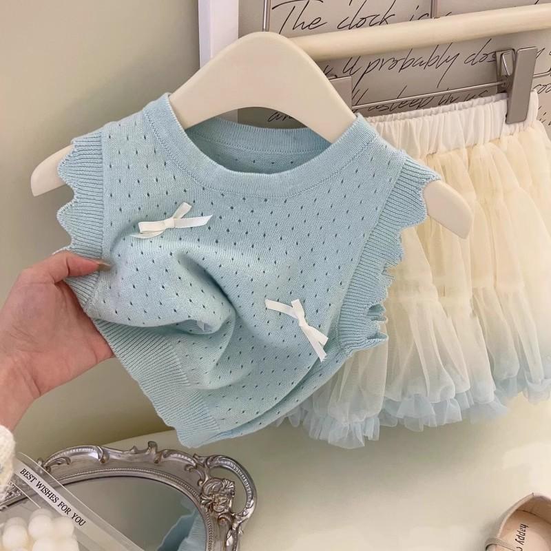 Girls Summer Knit Vest Sweet Bowknot Sleeveless Top Baby Fashionable Versatile Tank Waistcoat Clothing