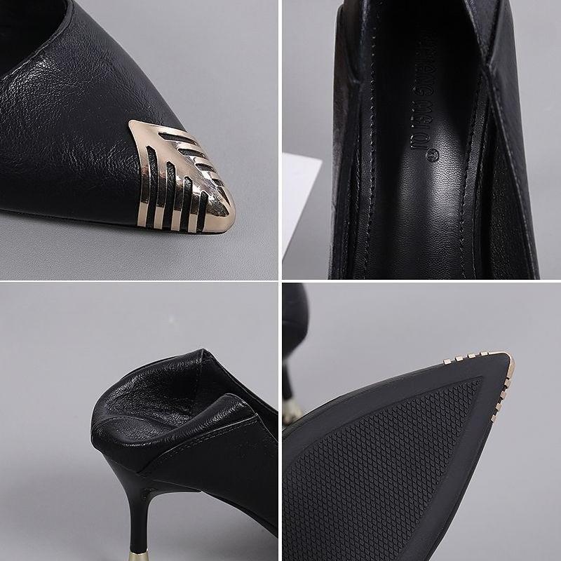 Spring New Medium Heel Women's Shoes Black Small Leather Shoes Stiletto Professional High Heels Spring Single Shoes Women
