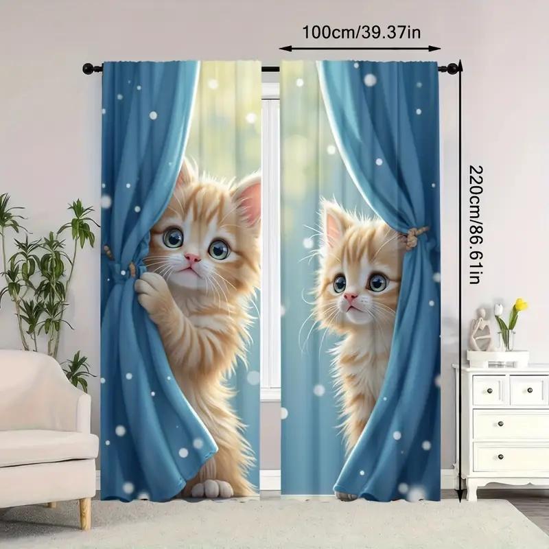 

2 Pcs Cute Cat Print Curtains,Suitable For Bedroom,Living Room Kitchen Decoration,Home Decoration,Window Decoration 14Wx59L(35x150CM)x2&Rod Pocket