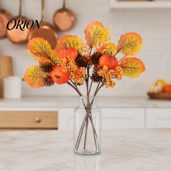 Fall Home Decoration Autumn Flower Bouquet, Artificial Floral Picks with Maple Leaves Pumpkins Multi-element Bouquet Berries Pine Cones for