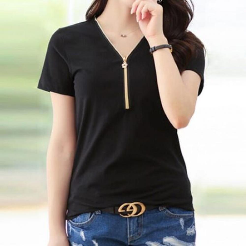 NaVaVa NT2346 Simple Zip PoinT V Neck ShorT sleeVe T shirT