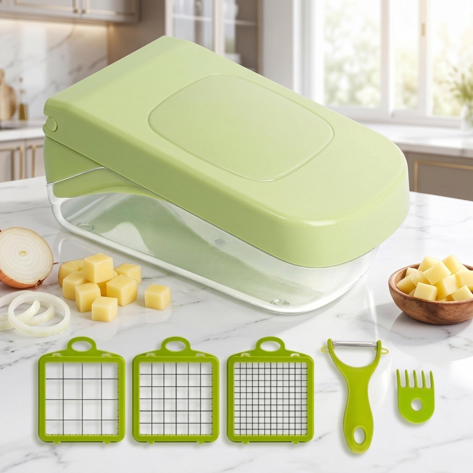

Multifunctional Vegetable Chopper with Container Onion Potato Dicer Slicer Grater Kitchen Food Cutter with 3 Interchangeable Blades and Peeler One Size зелений