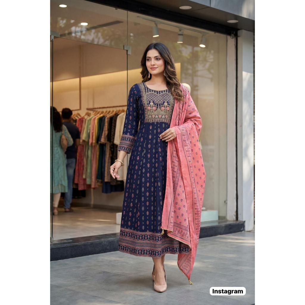 Beautiful Heavy Rayon Designer Kurti Set Women's Anarkali Kurta with Dupatta Set
