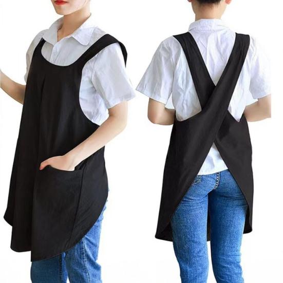 Baumwoll-Leinen Kreuzrücken-Schürze für Damen Herren Koch Japanischer Stil Schürzenkleid mit Taschen zum Kochen Backen Gartenarbeit