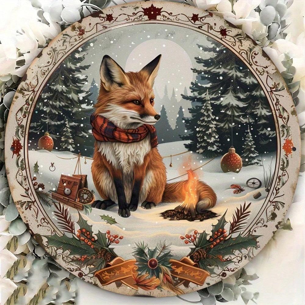 Vintage Campfire Fox Metal Sign 8x8 Inch Round Retro Aluminum Plaque Wall Art Home Kitchen Decor 2D Printed Rustic