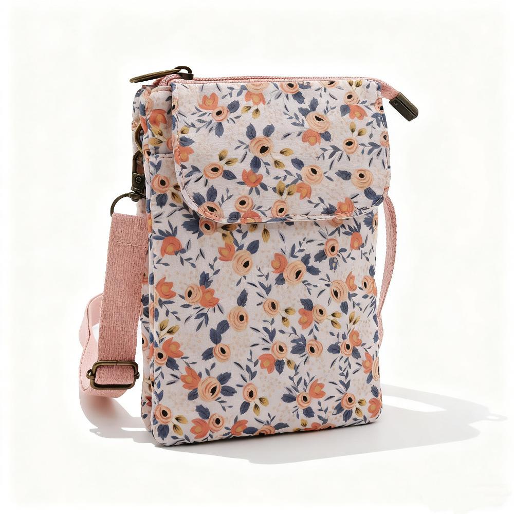 Japanese Floral Canvas Phone Crossbody Bag Women Multi Pocket Shoulder Bag Travel Passport Wallet Cell Phone Purse with Adjustable Strap