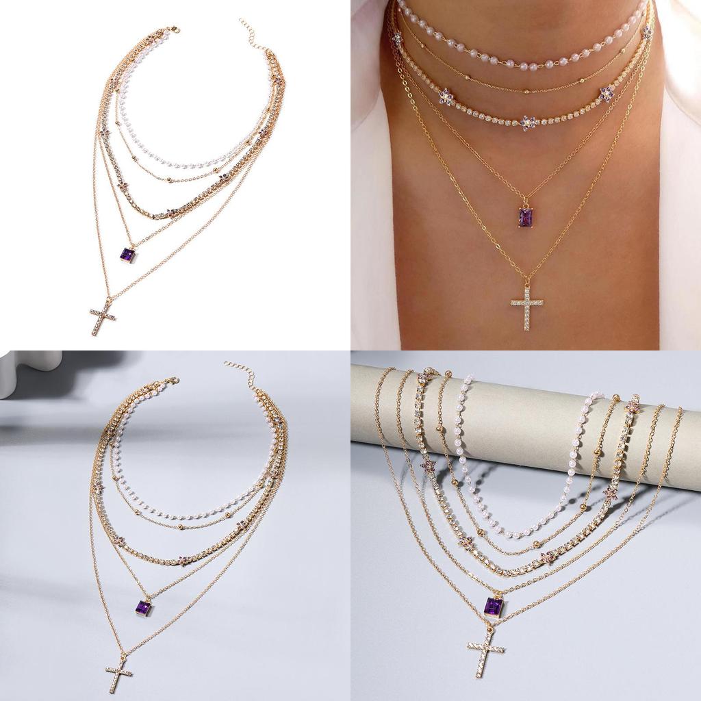 Cross Pendant Necklace For Women With Rhinestone And Geometric Star Design For Fashion Jewelry