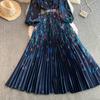Spring Autumn Women Print Flower Runway Dresses V-neck Big Swing Long Maxi Pleated Holiday Party Dress With Belt