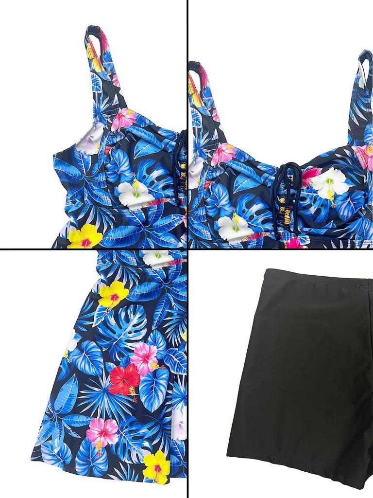 2026 European & American Plus Size Floral Leaf Print Two-Piece Conservative Boyleg Swimsuit for Women
