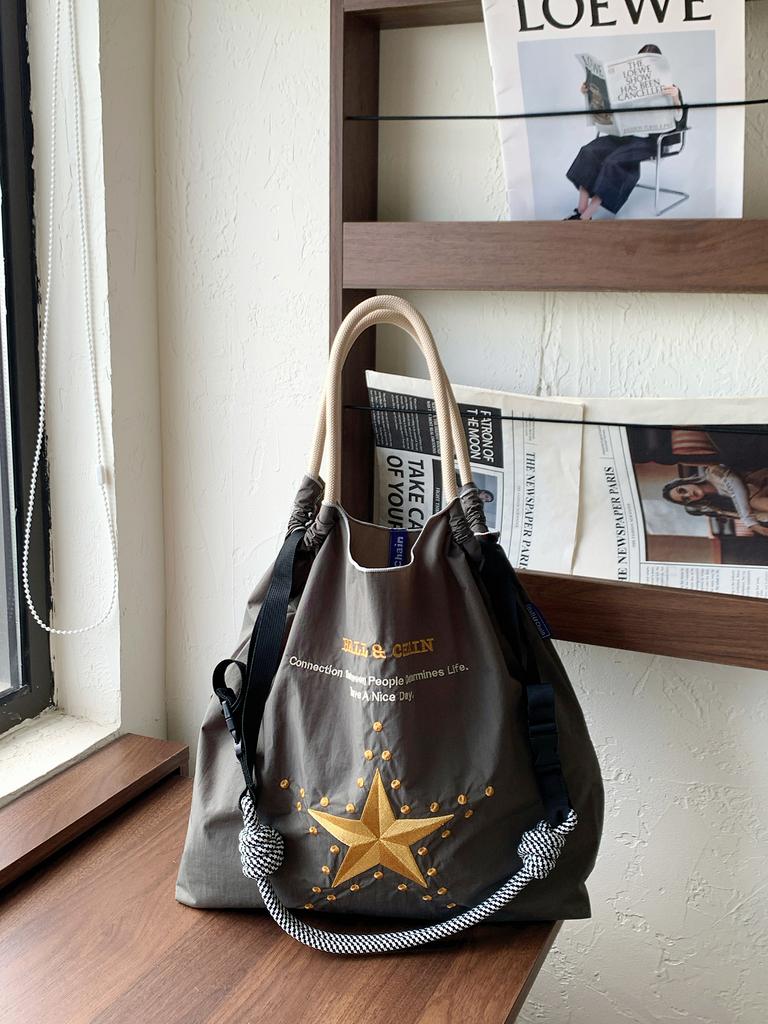 New Japanese-Style Embroidered Shopping Bag Y2K Style Large Five-Pointed Star Design Women's Shoulder Bag Lightweight Bag Foldable Storage Suitable