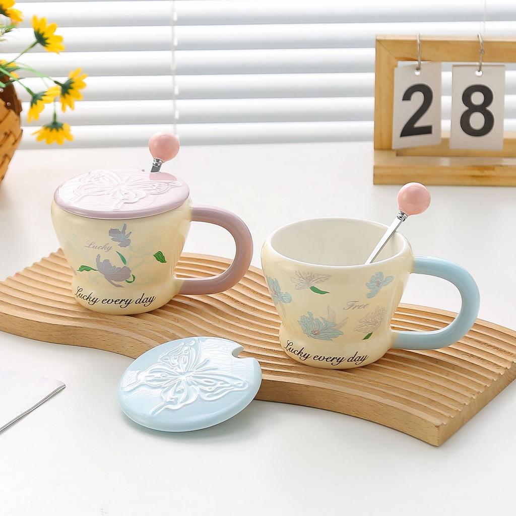 Pastoral Style Floral Ceramic Cup with Lid Spoon Mug Holiday Gift Cup Home Coffee Cup Souvenir Cup