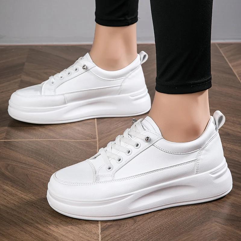 BKQU Leather Women's White Casual Shoes Woman Vulcanized Sneakers Slip on Sports Shoes Walking Running Platform Flats Footwear