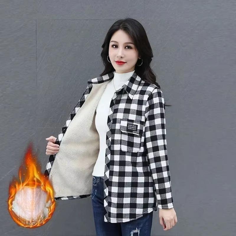 Middle Aged Women Shirt Tops Add Velvet Thicken Warm Plaid Shirt Spring Autumn Winter Casual Shirt Jacket Bottoming Shirt