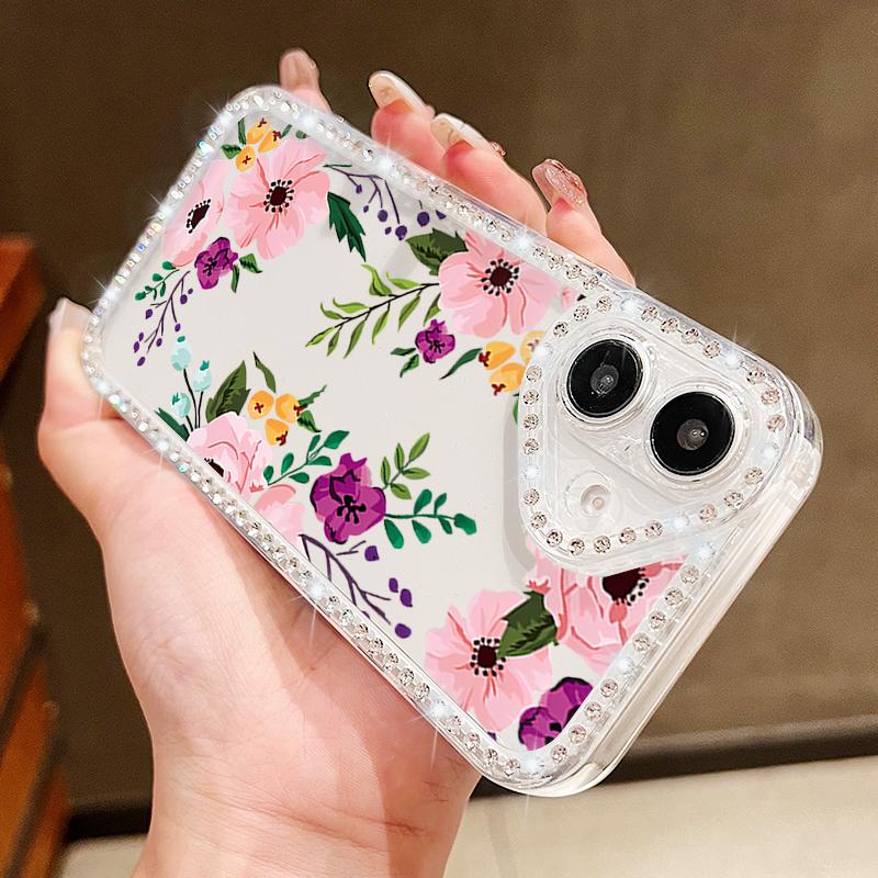 Floral Pattern Clear Shockproof Phone Case For iPhone 16E 16 Pro Max 15 Pro 14 13 12 11 Diamond Frame Anti-Fall Soft Silicone Bumper Cover