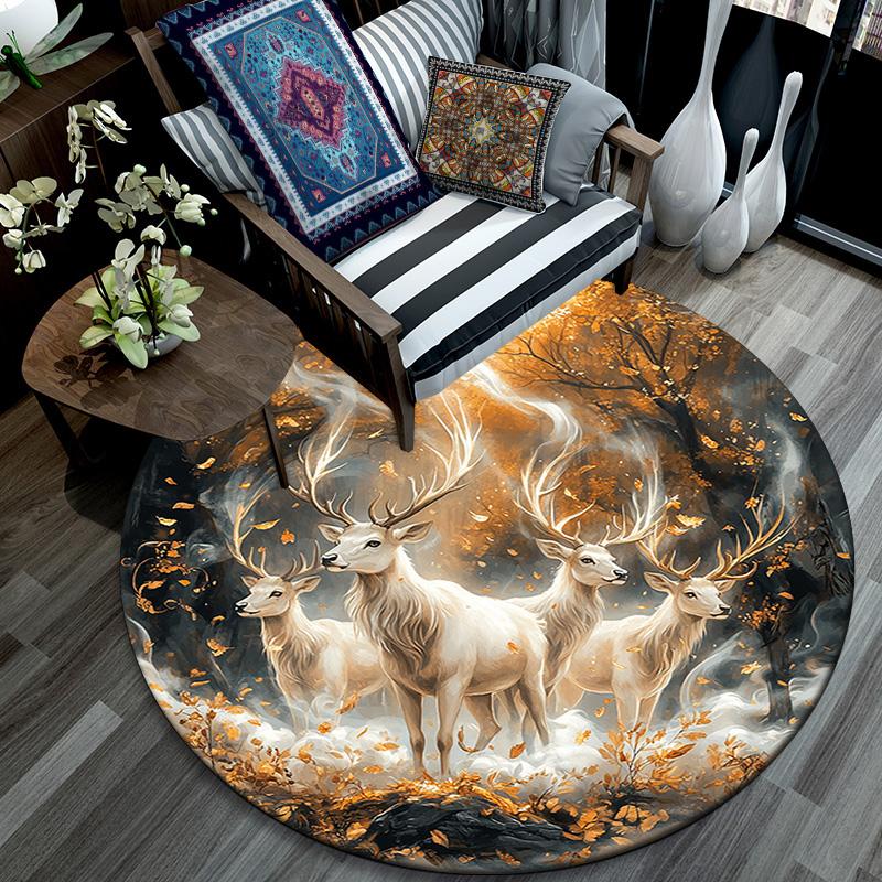 Enchanted Forest Deer Round Area Rug,Carpet Rug for Living Room Bedroom Sofa Playroom Decor,Non-slip Floor Mat