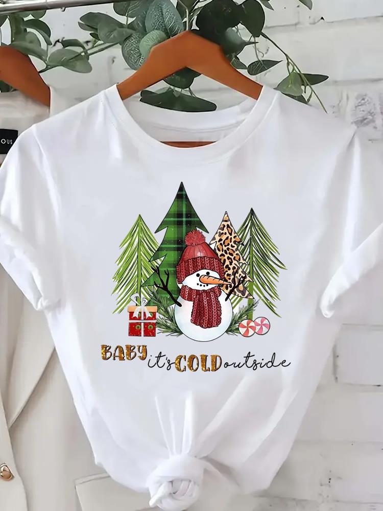 (Asian Size) leopard tree happy new year Tee merry Christmas festival O-neck Clothing Women's Top T Print Fashion ladies Graphic T-shirts
