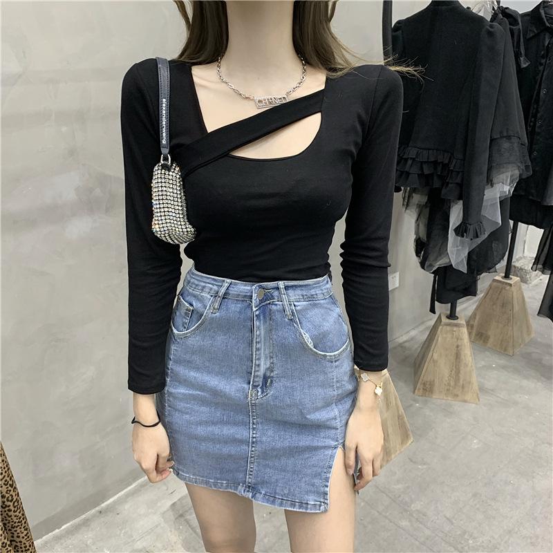 Autumn New Design Sense Careful Machine Hollow-out T-shirt Solid Color Matching Slim Slim Long Sleeve Top Female Tide