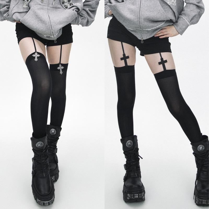 2 Paar Persoonlijkheid Kruis Decoratie Dames Kousen met Jarretels Effen Dunne Dij-Hoge Lolita Anime Cosplay Gothic Over de Knie Kousen One Size