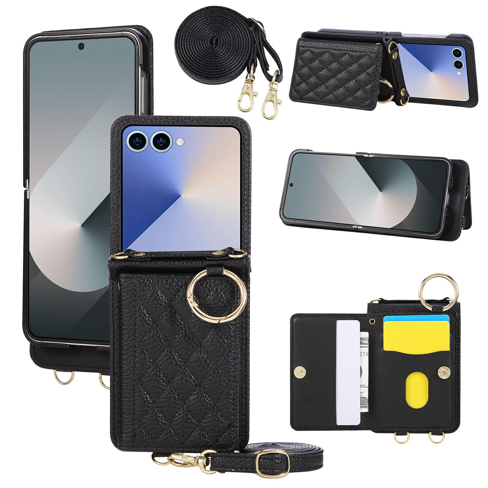 

For Samsung Galaxy Z Flip7 5G Case Kickstand Rhombus Leather+TPU Phone Cover with Shoulder Strap Black