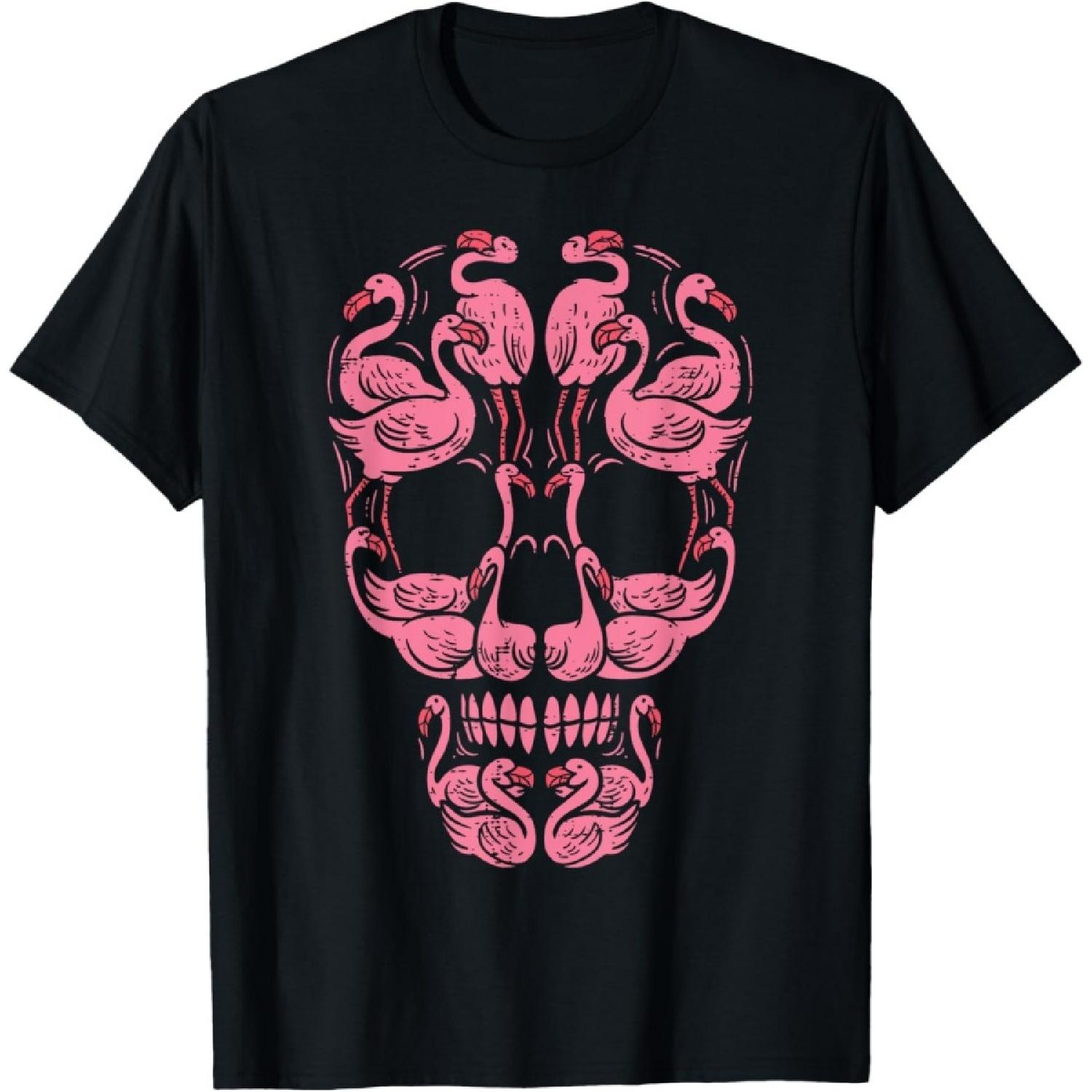 Pink Flamingo Skull Breast Cancer Awareness Halloween Women T-Shirt S