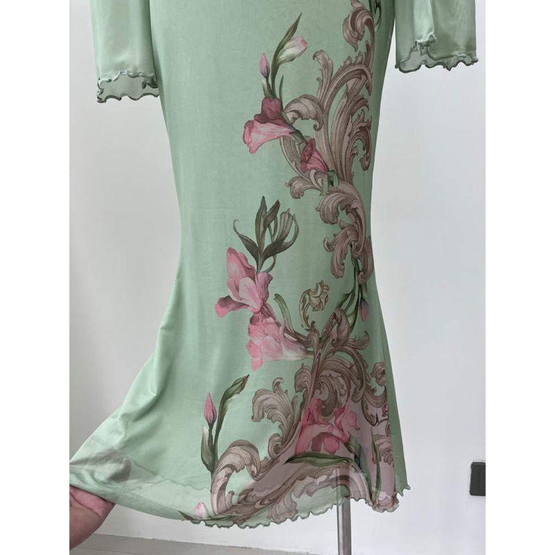 2025 Summer New C * Der Original Order Green Flower-De-Luce Backless Yarn Temperament Waist Hugging Dress