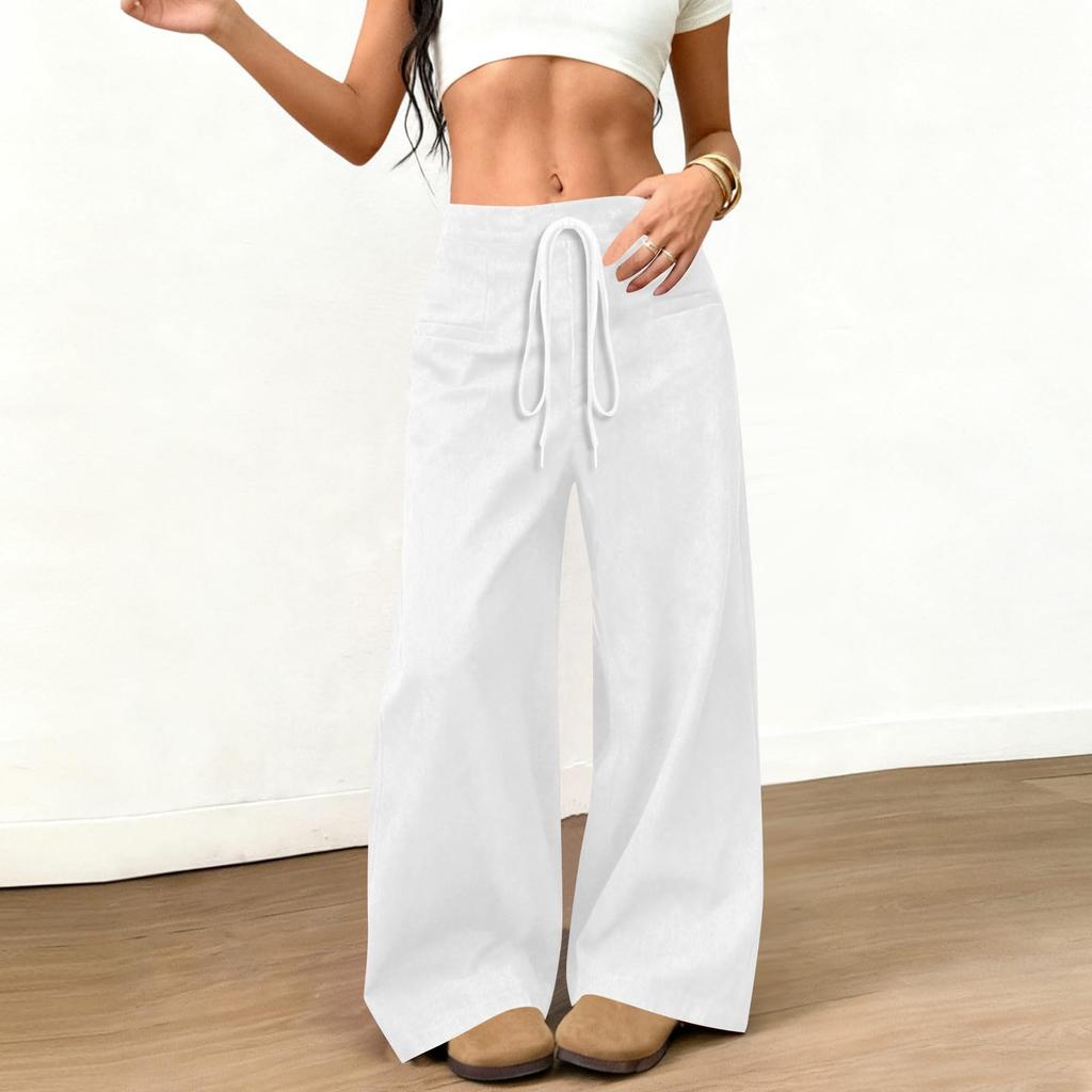 Womens Suede Wide Leg Pants Elastic Waist Loose Fit Trousers Drawstring Waistband with Pockets Casual Style Long Pants